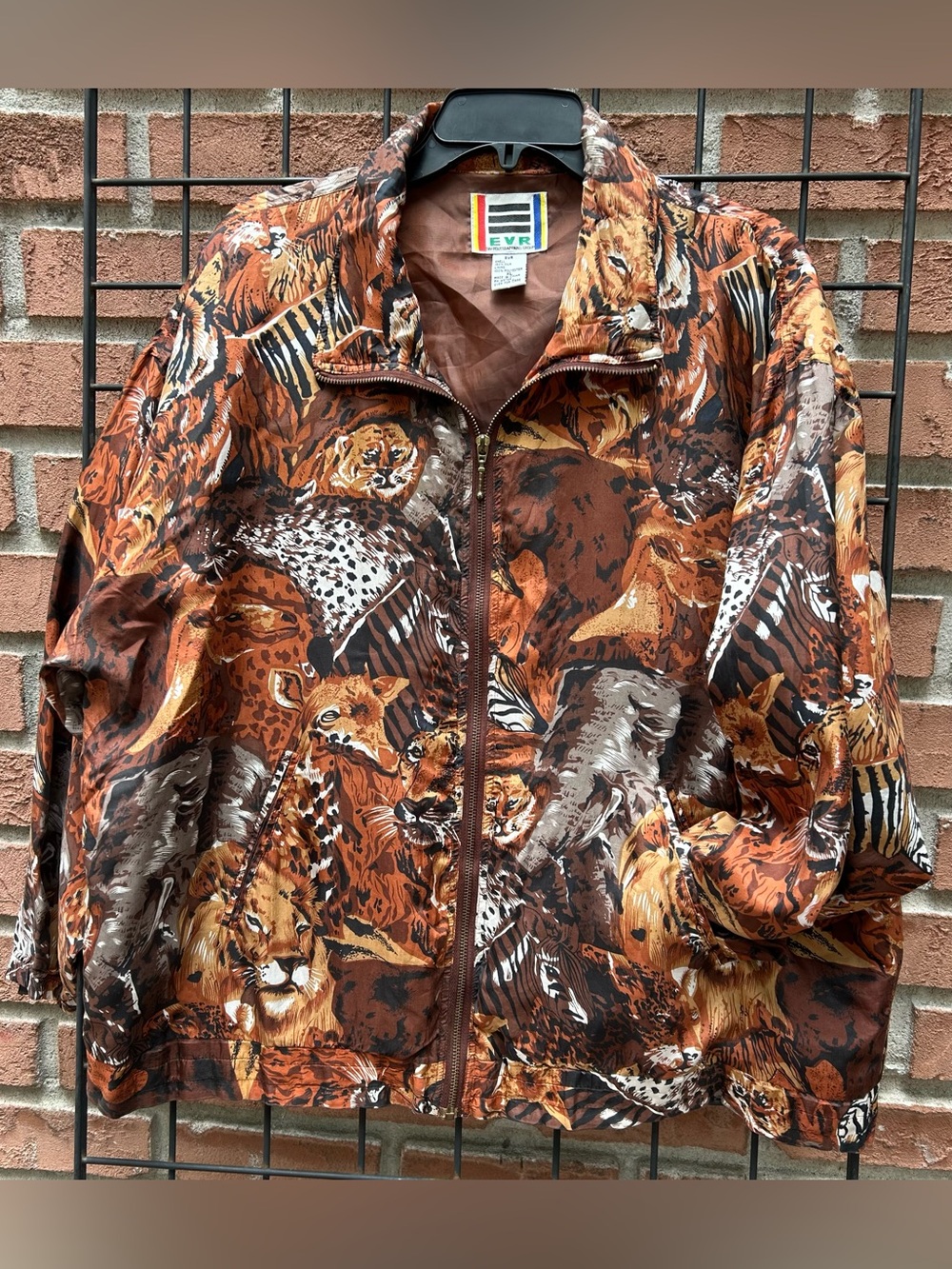 Vintage EVR Animal Print Zip-Up Jacket in Warm Rust and Brown 100% Silk